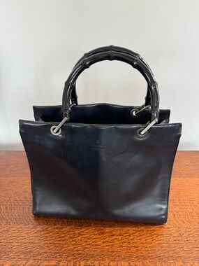 Vintage Gucci Black Leather Satchel with Bamboo Top Handles with COA